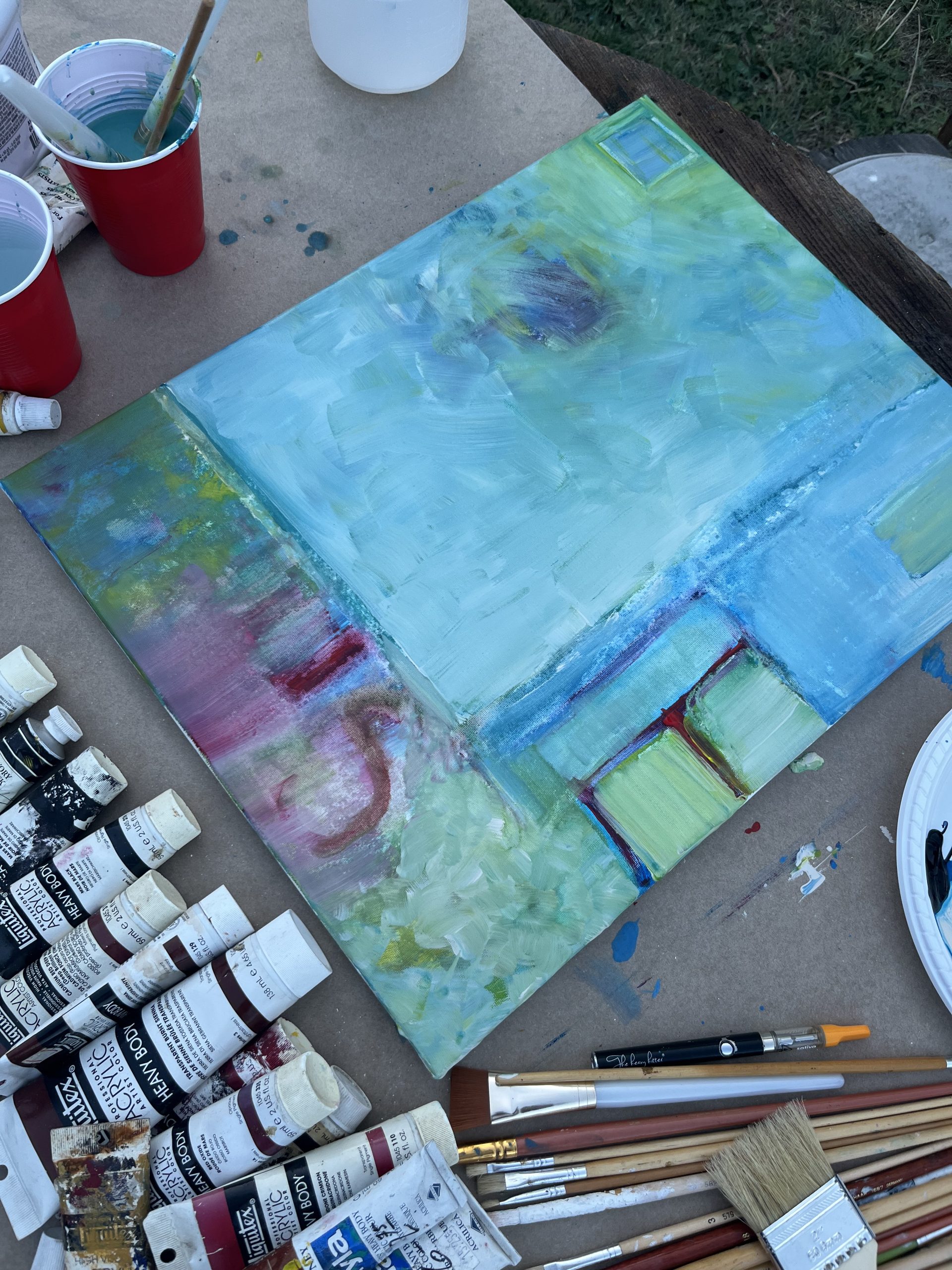 Blue outdoor painting with v