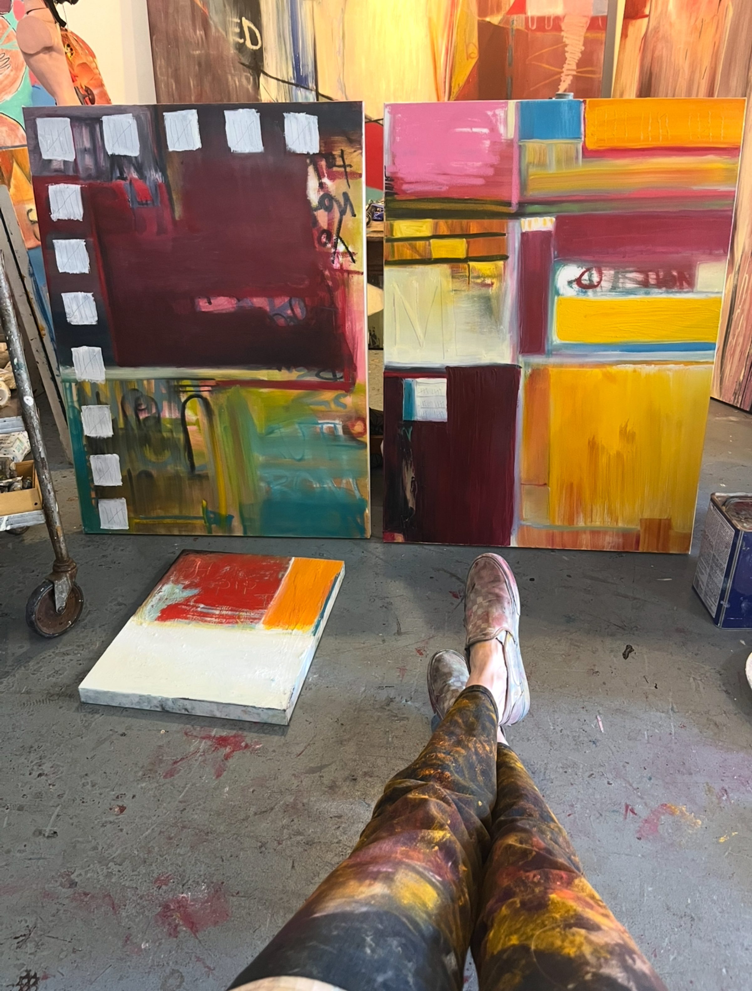 Work in progress sitting paint on legs